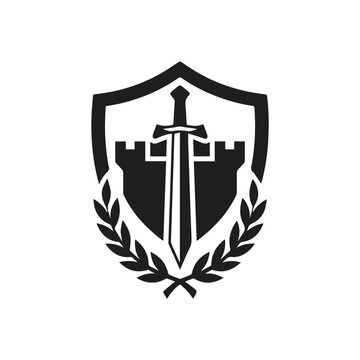 Heraldic shield emblem with sword and castle fortress protection security