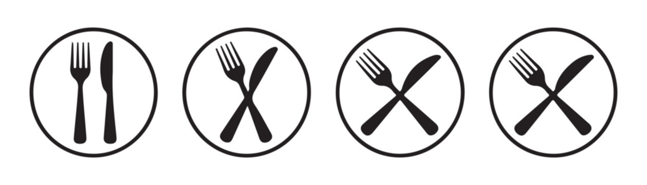 Set of black cutlery icons in circles on transparent background, restaurant and dining symbols.