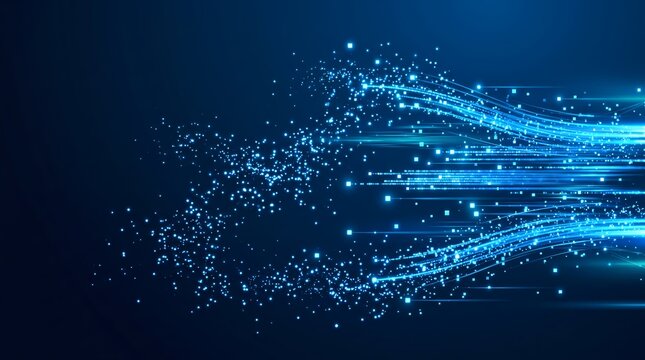 Abstract Blue Digital Data Stream with Glowing Particles Flowing on Dark Technology Background