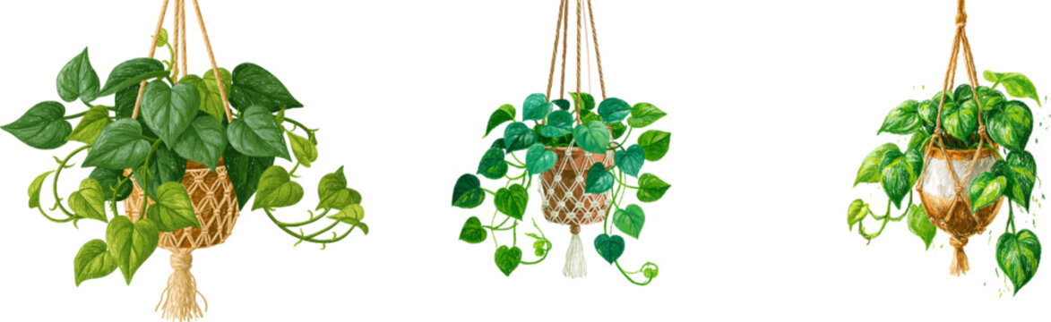 A vibrant, hand-drawn pothos plant in a macrame basket exudes a whimsical charm with its lush green leaves and playful vines against a pure white background