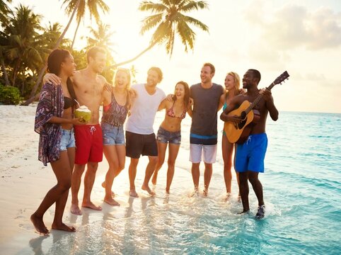 Friends playing guitar on a tropical beach at sunset