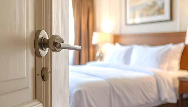 Open Door Revealing a Luxurious Hotel Room with a Made Bed.