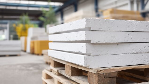 Autoclaved aerated concrete blocks stacked on a wooden pallet in a spacious warehouse, showcasing storage, logistics and distribution of lightweight insulation construction materials