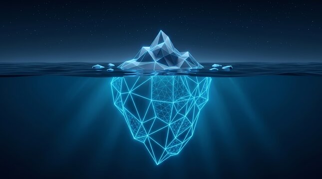 Digital Wireframe Iceberg Concept with Hidden Depth Underwater on Dark Blue Background