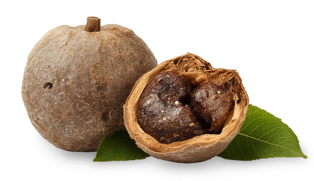 Wood Apple Fruit (Bael) Whole and Cracked Open Showing Pulp Isolated on White Background.