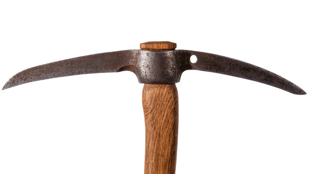 Rusty metal pickaxe with wooden handle
