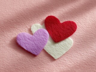 Obraz premium Three colorful felt hearts in red, white, and lavender expressing love, romance, and affection for Valentine's Day celebrations or anniversary messages on a soft pink background
