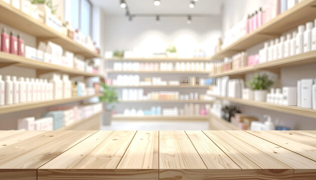 Empty Wooden Table in Front of Blurred Store Shelves with Products.