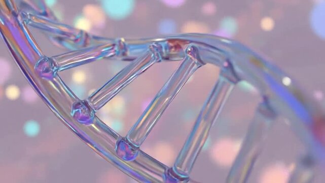 Abstract glass DNA double helix structure with colorful bokeh background