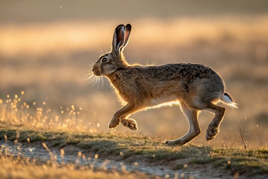 European hare running through a grassy field at sunrise with golden rim lighting