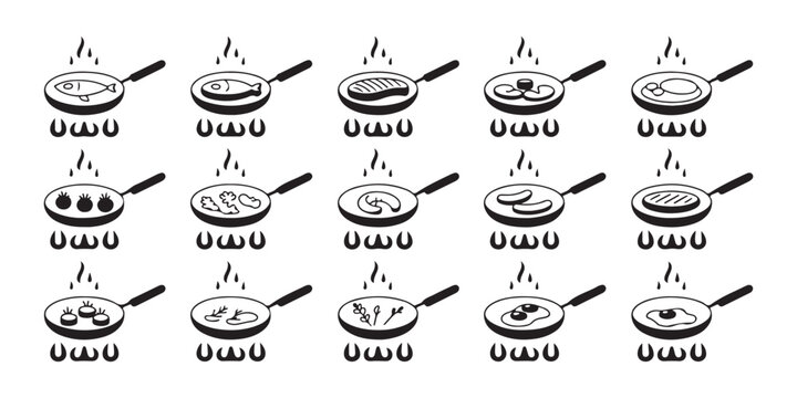 Unique cooking icons featuring frying pans with various ingredients over owo style flames design set.