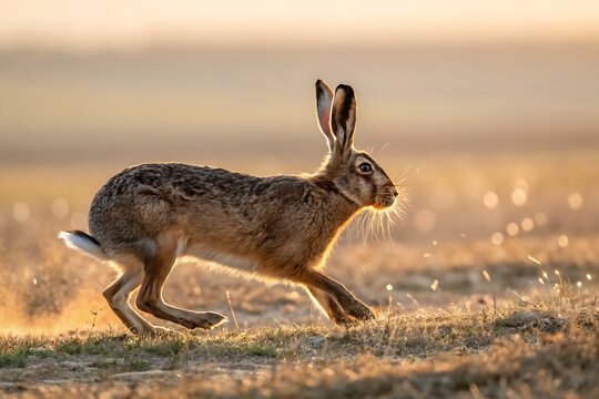 European hare running through a grassy field at sunrise with golden rim lighting