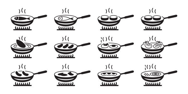 Cooking pans collection with various food ingredients including fish and meat set on burning gas stoves.