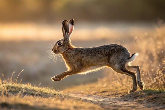 European hare running through a grassy field at sunrise with golden rim lighting