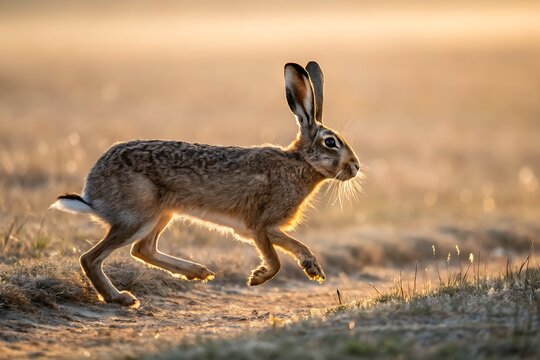 European hare running through a grassy field at sunrise with golden rim lighting