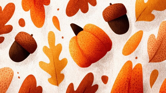 Vibrant pattern features seasonal harvest elements like acorns and pumpkins against a light textured background
