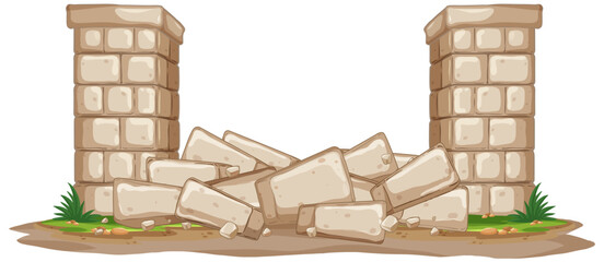 Naklejka premium Vector Illustration of a Ruined Stone Archway with Rubble