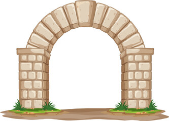 Naklejka premium Ancient Stone Archway Vector Illustration with Brick Pillars and Grass