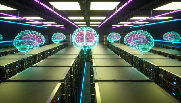 Pulsing holographic brain hovering above aisle in data center, highlighting server racks