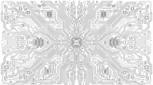 White Circuit Board Pattern. Electronic PCB Technology Background. Digital Microchip Network Design. Minimal Futuristic Illustration