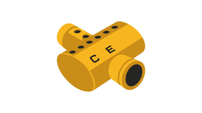 Yellow 3D Isometric Pipe Fitting with CE Mark on White Background