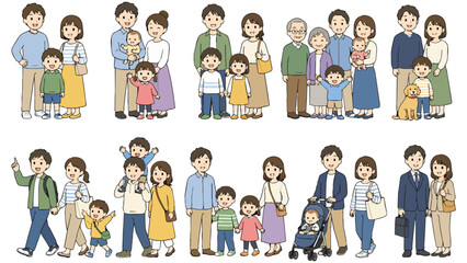 Fototapeta premium Set of happy family illustrations with parents and children