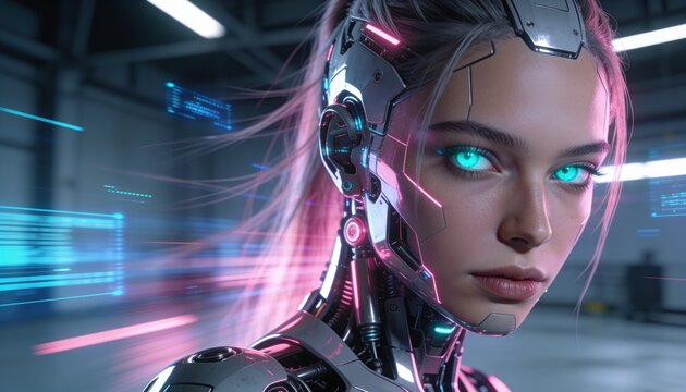 Revealing female cyborg wearing exoskeleton and neck servos in lab, with HUDs, copy space