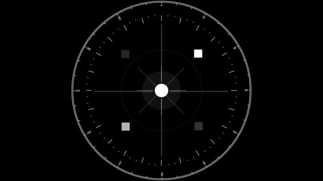 A white circular scope sight with crosshairs and measurement markings on a black background for aiming and targeting purposes in various applications