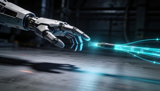 Reaching robotic arm and humanoid hand extending in dim workshop, with cyan fiber-optic trails