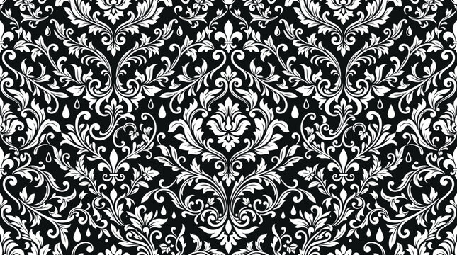 Elegant Black and White Damask Seamless Pattern with Intricate Floral Ornaments and Fleur-de-lis, Ideal for Vintage Wallpaper, Luxury Textile Design, and Classic Victorian Backgrounds.