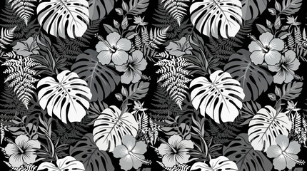 Seamless black and white tropical floral pattern with monstera leaves, hibiscus blooms, and fern fronds on dark background. Elegant monochrome botanical design for textile, fabric, and wallpaper. © Ayong