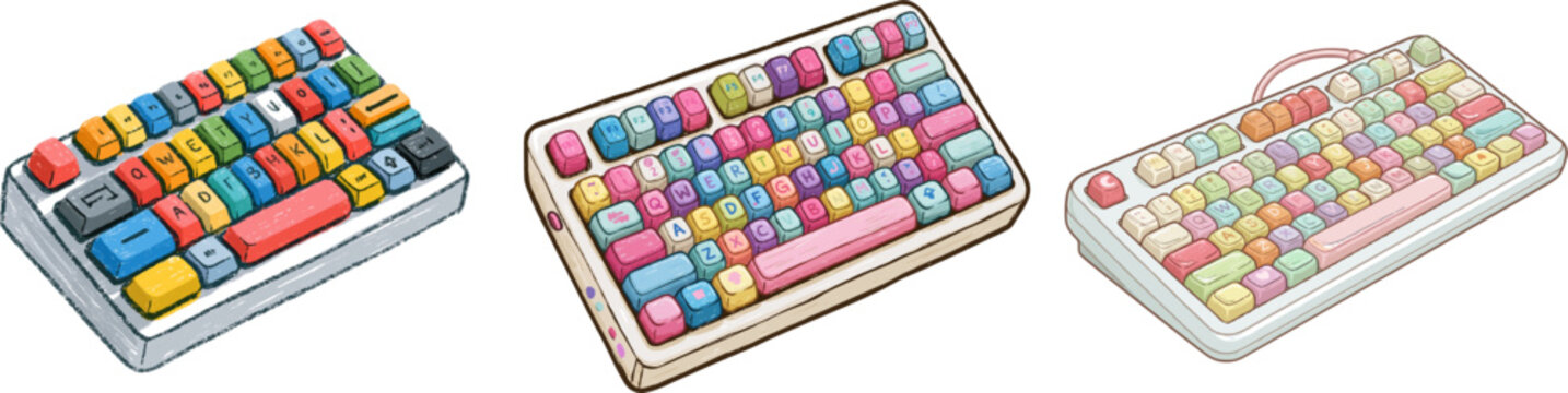 A charming, hand-drawn mechanical keyboard with vibrant keycaps in crayon texture and naive child-like art style, isolated on a pure white background without shadows or gradients