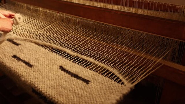 Weaver works on a loom in a craft studio showing traditional textile techniques and patterns