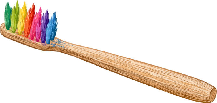 A cute hand-drawn bamboo toothbrush with colorful bristles is depicted in a naive child-like style, isolated on a pure white background without shadows or gradients