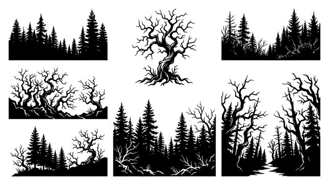 Collection of hand-drawn forest silhouettes including pine trees and creepy gnarled bare branches. High-contrast black and white vector graphics for spooky nature designs and woodcut art.