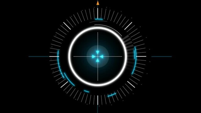 Futuristic blue and white circular graphic with glowing lines and crosshairs on a black background with an orange triangle