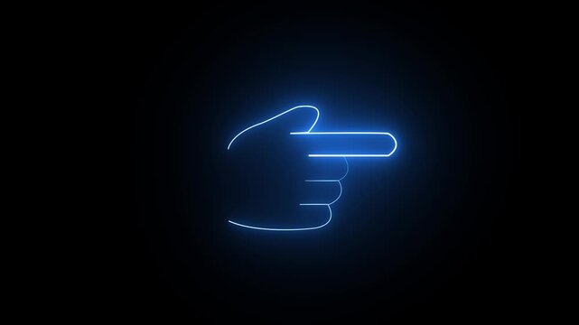 Neon blue glowing hand icon pointing to the right on a black background