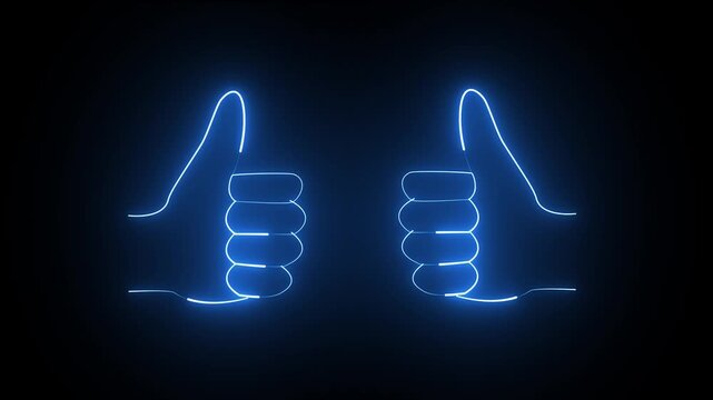 Two glowing blue neon thumbs up signs on a dark black background