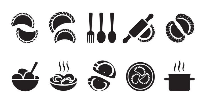 Culinary icons set, dumplings pierogi ravioli, rolling pin, cooking pot with steam, eating utensils.