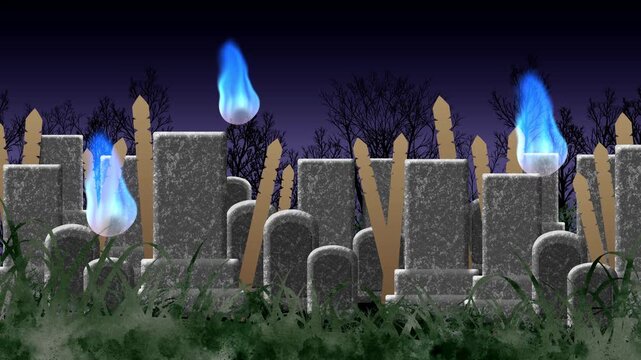 墓地で燃える青い人魂の動画