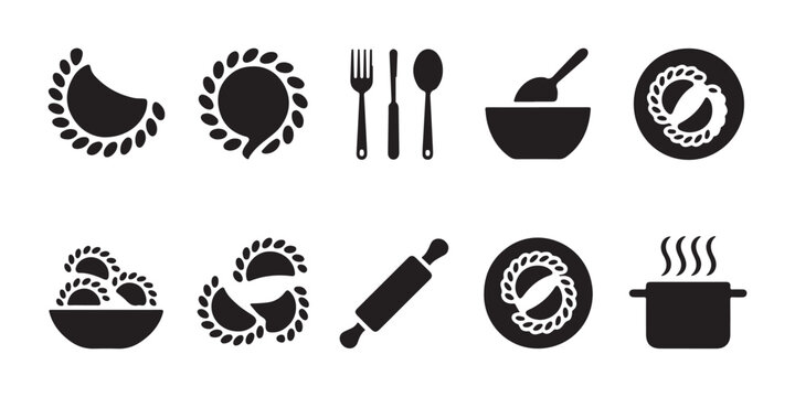 Collection of pierogi ravioli dumplings and cooking utensils icons, black silhouette on transparent background.