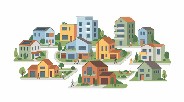 A colorful neighborhood with various houses and people walking around