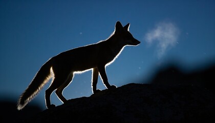 Obraz premium Standing fox outlining in rim light on rocky ridge at dawn, exhaling vapor with floating particles