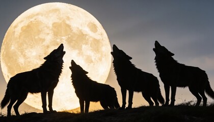 Fototapeta premium Howling four wolf silhouettes standing along low grassy ridge at night, full moon backlighting