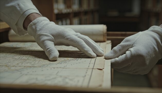 Handling white cotton gloved hands inspecting antique map in archive, lab cuffs, rolled chart