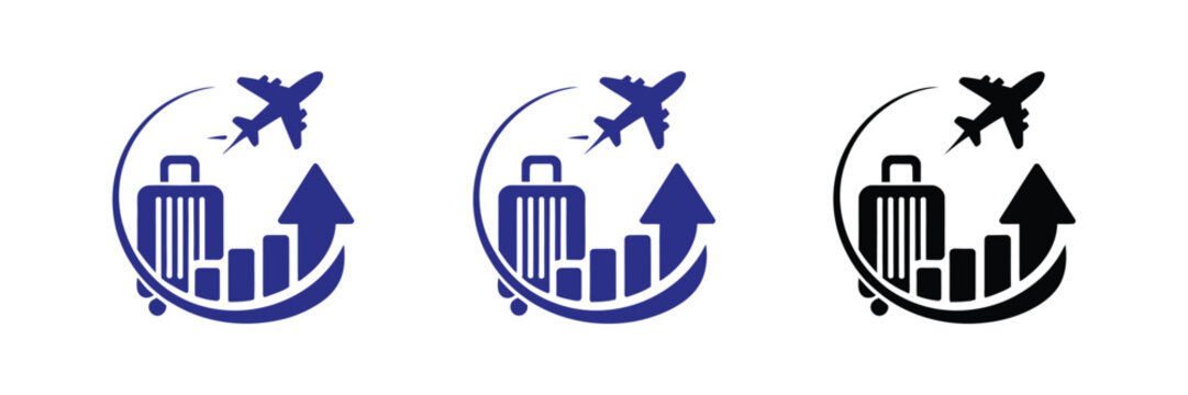 Travel industry recovery icon collection with suitcase, airplane, and growth chart elements symbolizing tourism revival, increased mobility, and economic progress.