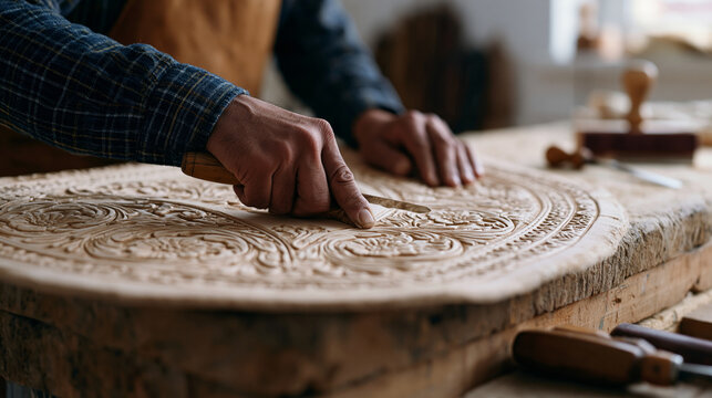 Master saddler stamps a decorative floral border into a half-finished leather saddle skirt using a swivel knife and beveler, close-up of intricate tooling work in progress,