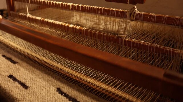 Weaver works on a loom in a craft studio showing traditional textile techniques and patterns