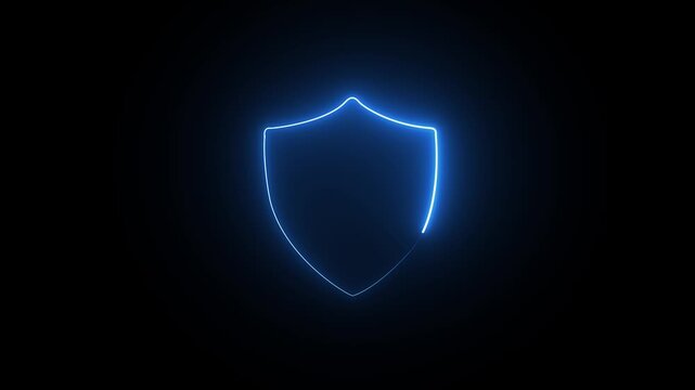 Glowing blue neon shield icon on a dark black background