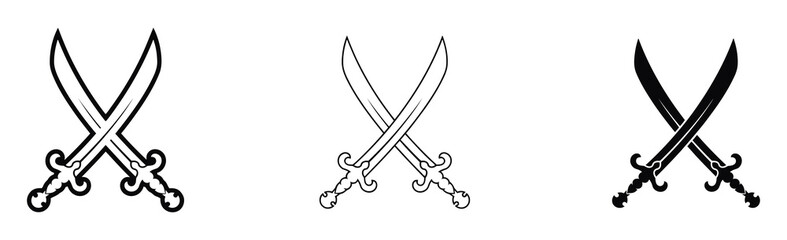 Crossed swords icon set with outline and solid hand-drawn styles for battle and competition themed vector graphics. crossed swords depicted in black and white a striking silhouette.  © ontor